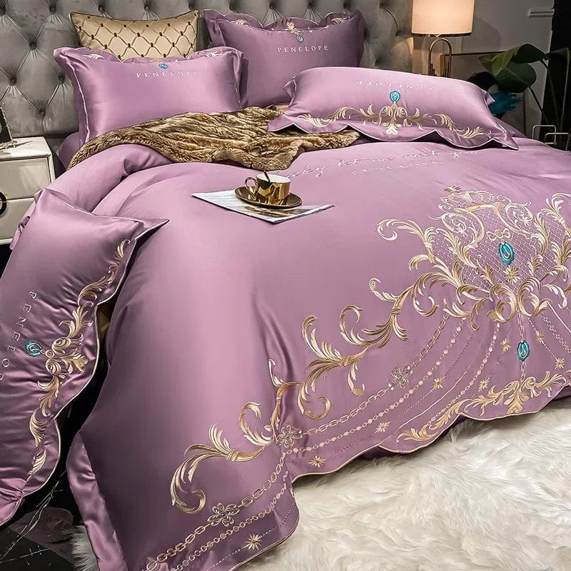 Egyptian cotton bedding set with golden embroidery, SHOWLU FASHION STORE duvet cover and sheets in king and queen sizes, soft and luxurious.