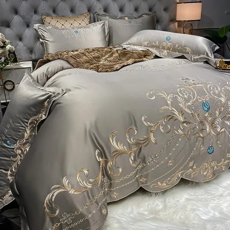 Egyptian cotton bedding set with gold embroidery, SHOWLU FASHION STORE, king and queen size duvet cover and sheet set, luxurious home textiles