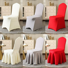 A grid of six chairs featuring elastic covers in white, gray, and red, with both fitted and ruffled styles.