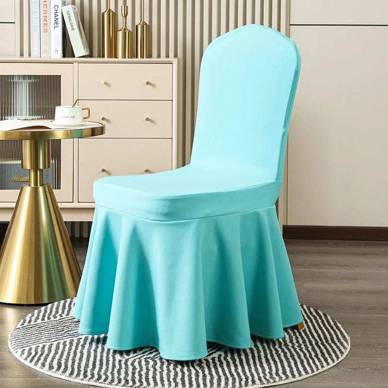 White Showlu thickened elastic chair cover, cotton banquet slipcover fitting hotel, wedding, and banquet chairs with a snug fit.
