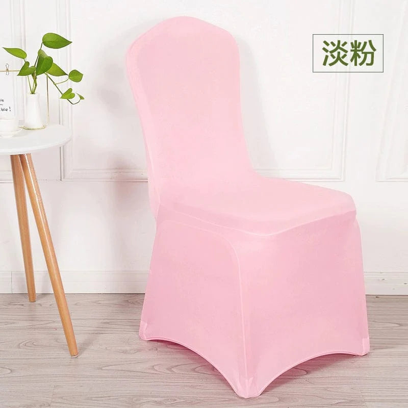 White elastic chair cover by Feixiu, thickened and one-piece, designed for dining, banquet, wedding, hotel, and conference chairs.