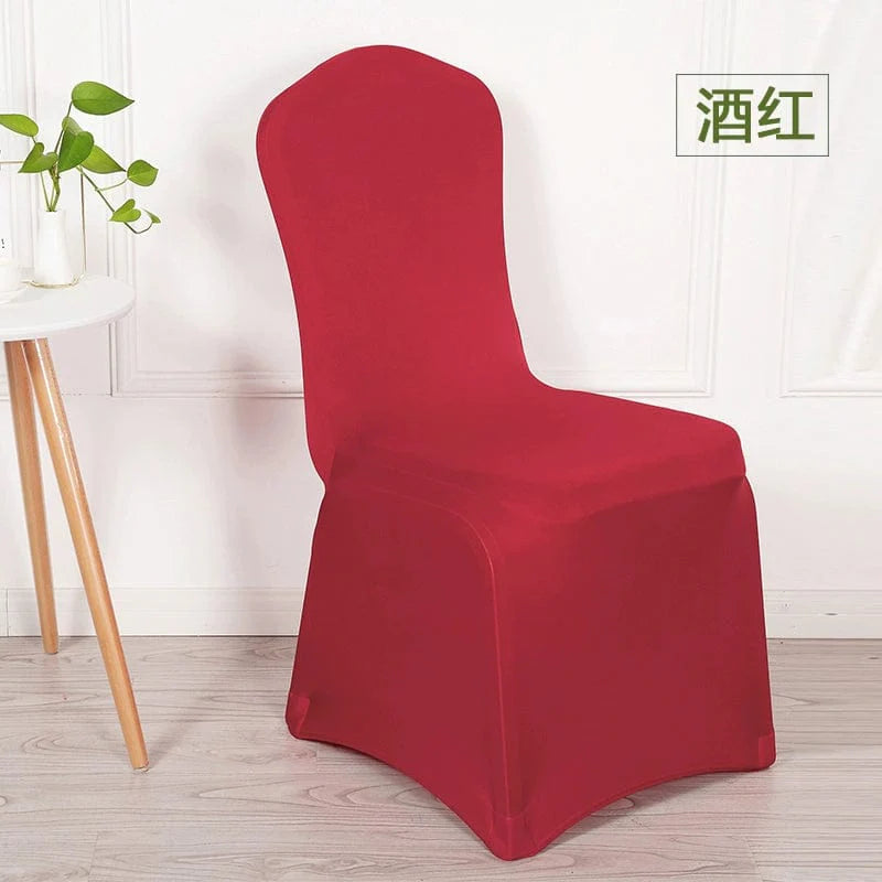 White elastic thickened chair cover for banquet or wedding chairs, fitting modern dining, hotel, or conference chairs.