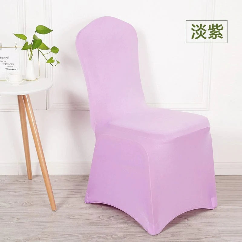 White elastic chair cover by Feixiu, designed for banquet and wedding chairs, made of thickened, stretchable material.