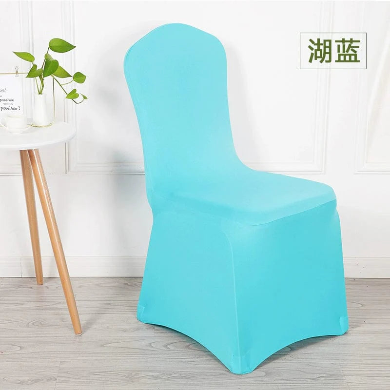 White elastic chair cover by Feixiu, thickened and one-piece, designed for dining, wedding, hotel, and banquet chairs.