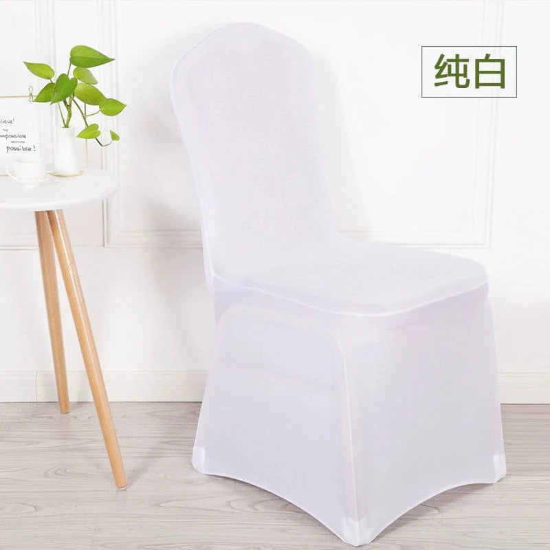White elastic chair cover by Showlu Fashion Store, thickened, one-piece design, suited for banquet, wedding, hotel, and conference dining chairs.