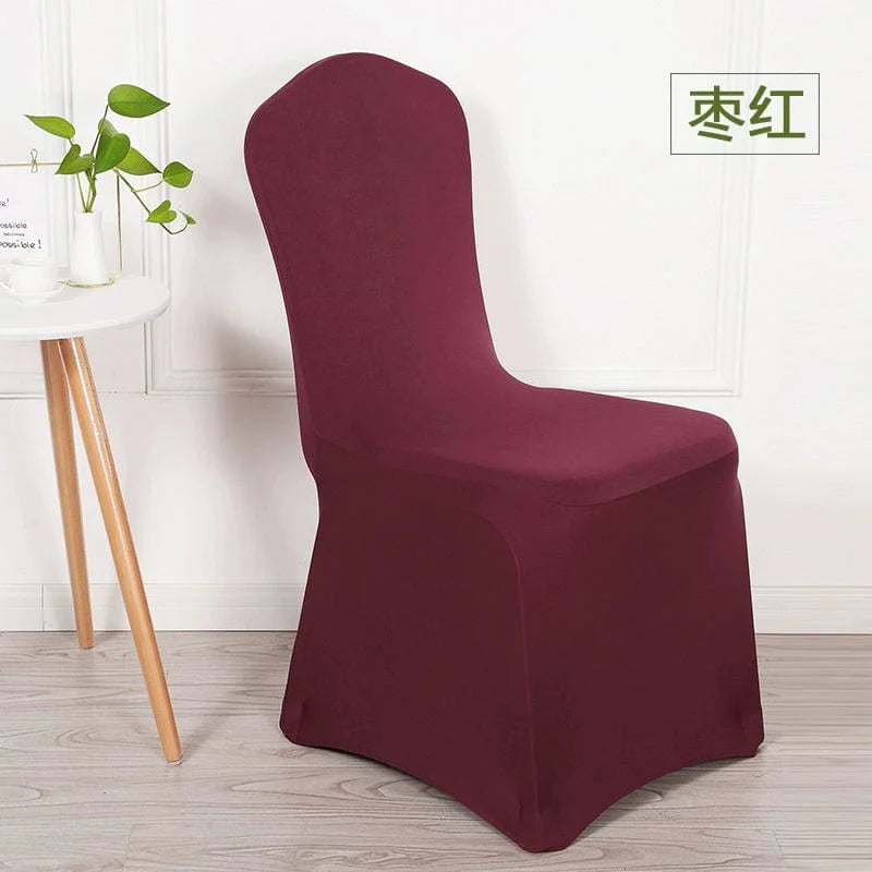 White elastic thickened chair cover for banquet and wedding chairs, modern design, fits dining, hotel, and conference chairs.