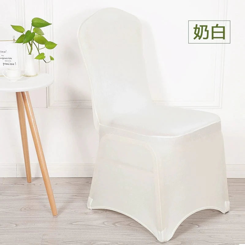 White elastic chair cover by Feixiu, thickened and one-piece design, suited for banquet, wedding, hotel, or conference chairs.