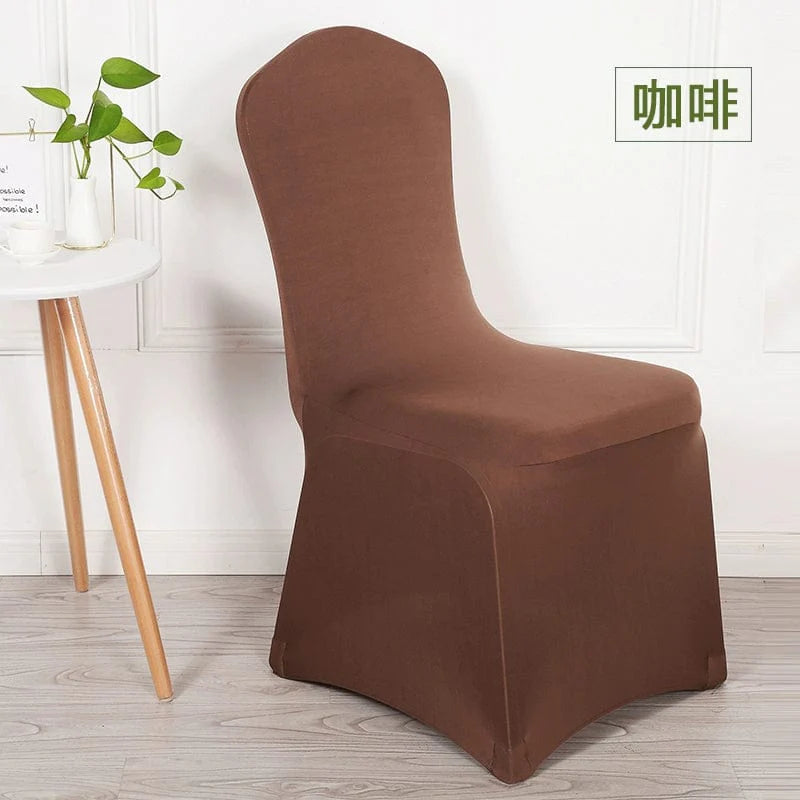 White elastic chair cover by Feixiu, thickened and stretchable, fits modern dining, banquet, wedding, hotel, and conference chairs.