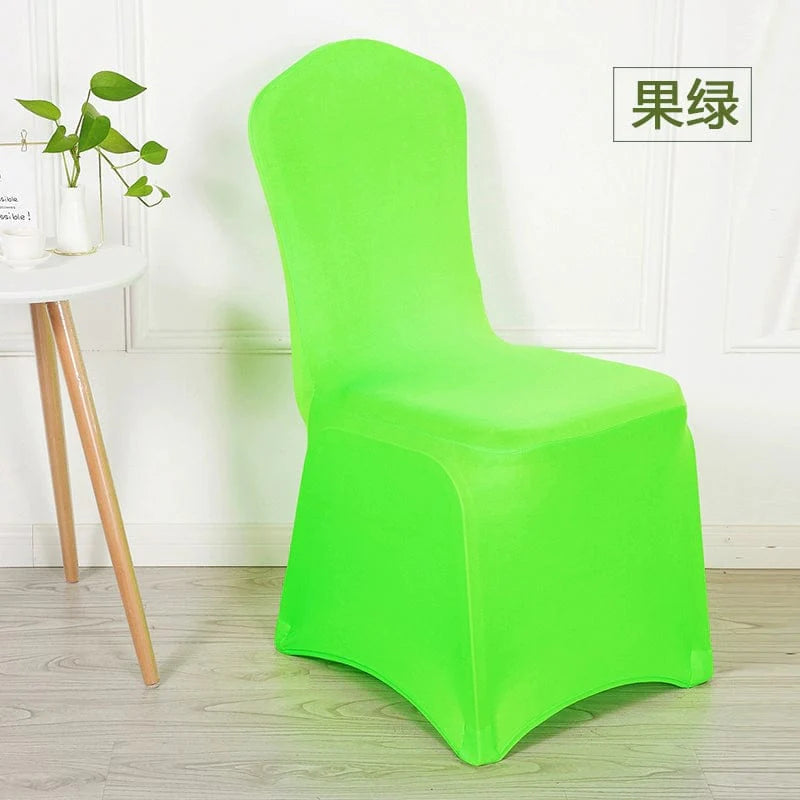 White elastic chair cover by Feixiu, thickened and one-piece design, suitable for dining, banquet, wedding, or hotel chairs.