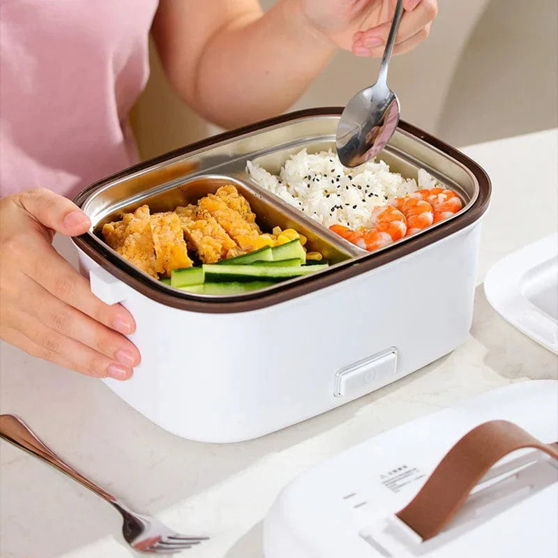 Showlu 1.8L electric heated lunch box with stainless steel interior, suitable for home and car use for keeping food warm.