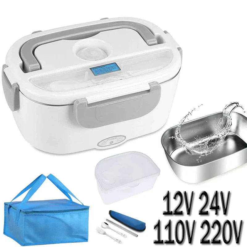 Showlu stainless steel electric heating lunch box with portable design and built-in food warmer for hot meals on the go.