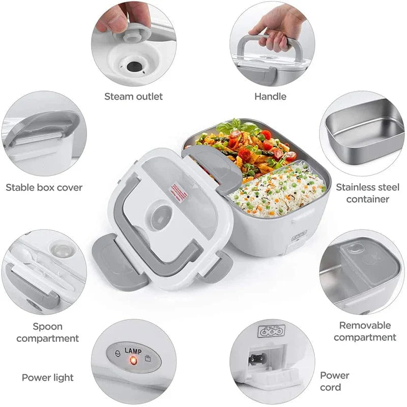 Showlu stainless steel electric heating lunch box with portable design and built-in food warmer for convenient meal heating.
