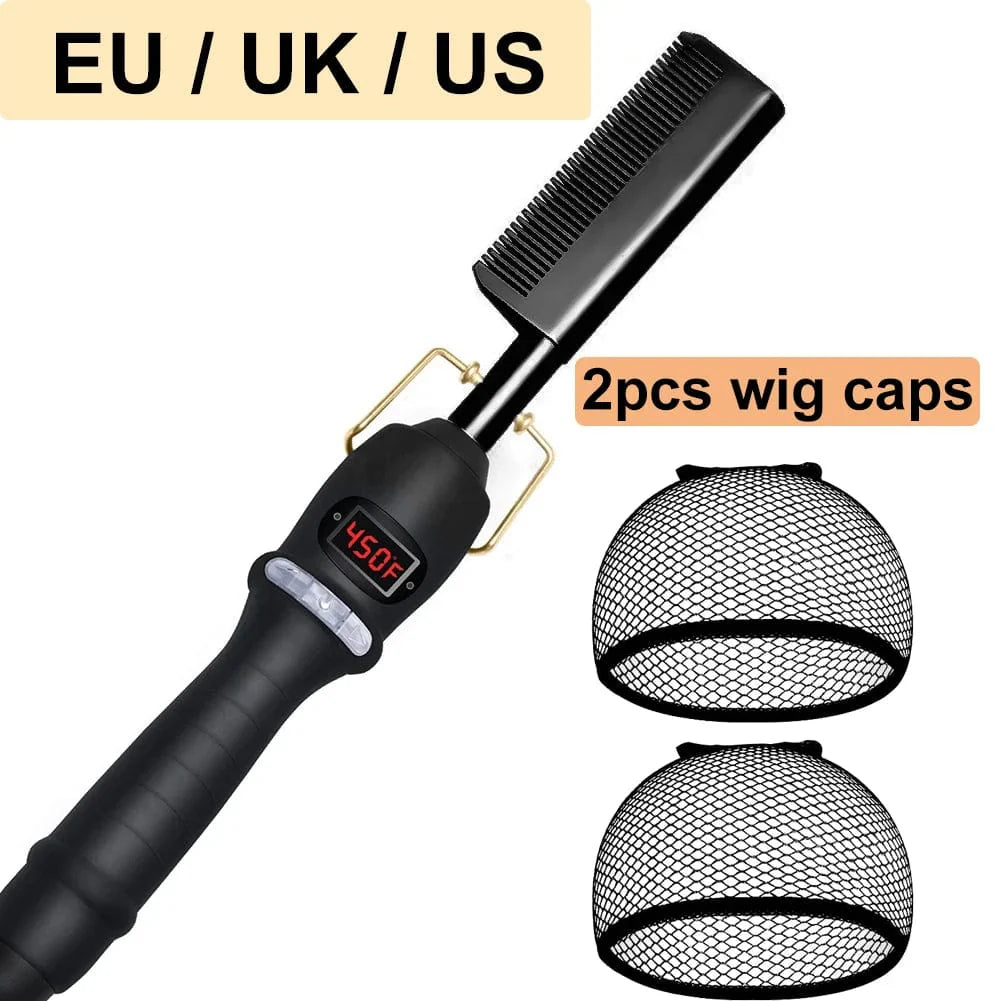Showlu Electric Ceramic Hot Comb with LCD display, hair straightener brush for wigs and styling, suitable for various hair types.