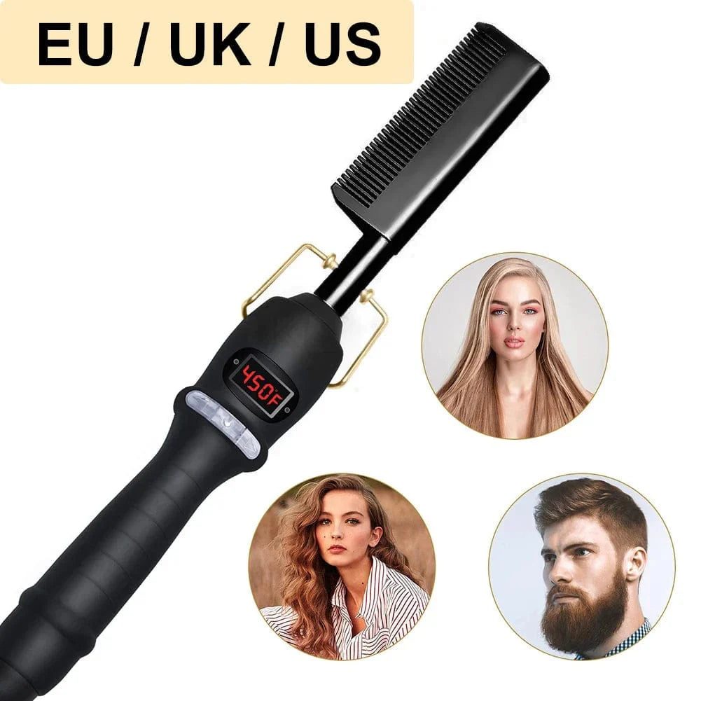 Showlu Electric Ceramic Hot Comb with LCD display, hair straightener brush for wigs, suitable for American and African hair styling.