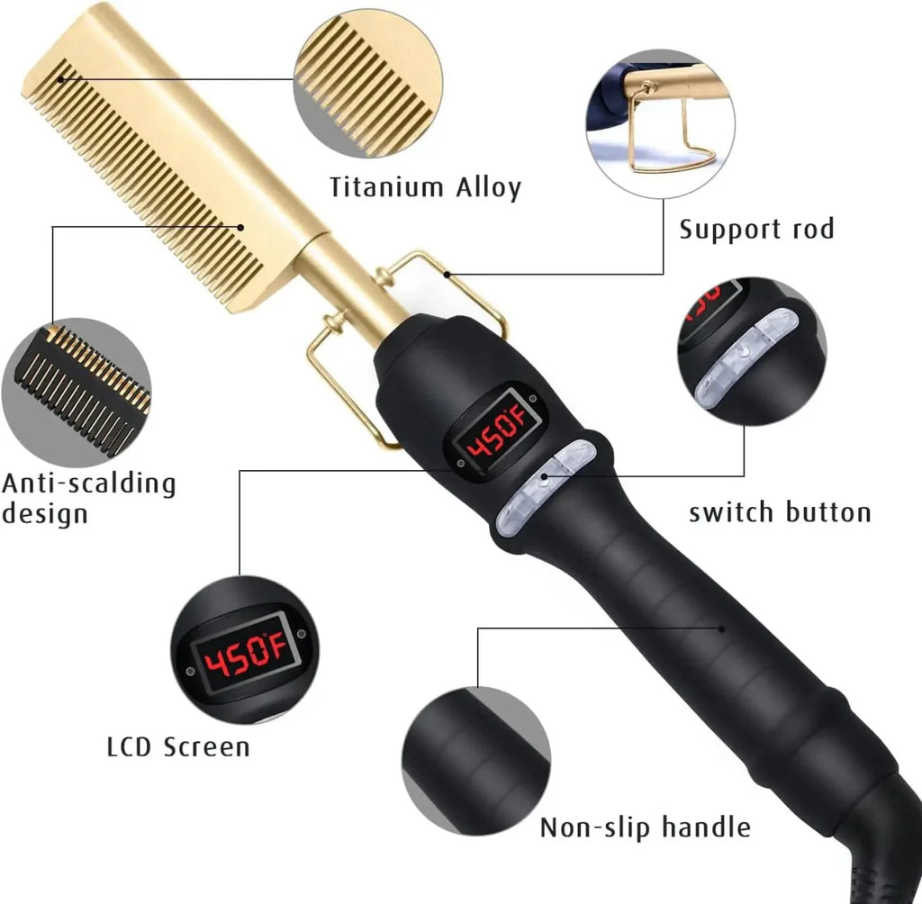 Showlu Electric Ceramic Hot Comb with LCD display for hair straightening and styling, ideal for wigs and various hair types.