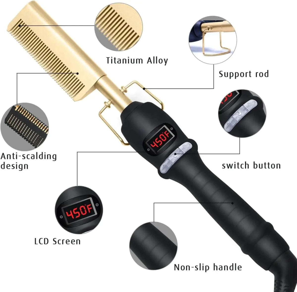 Showlu Electric Ceramic Hot Comb with LCD display for hair straightening and styling, ideal for wigs and various hair types.