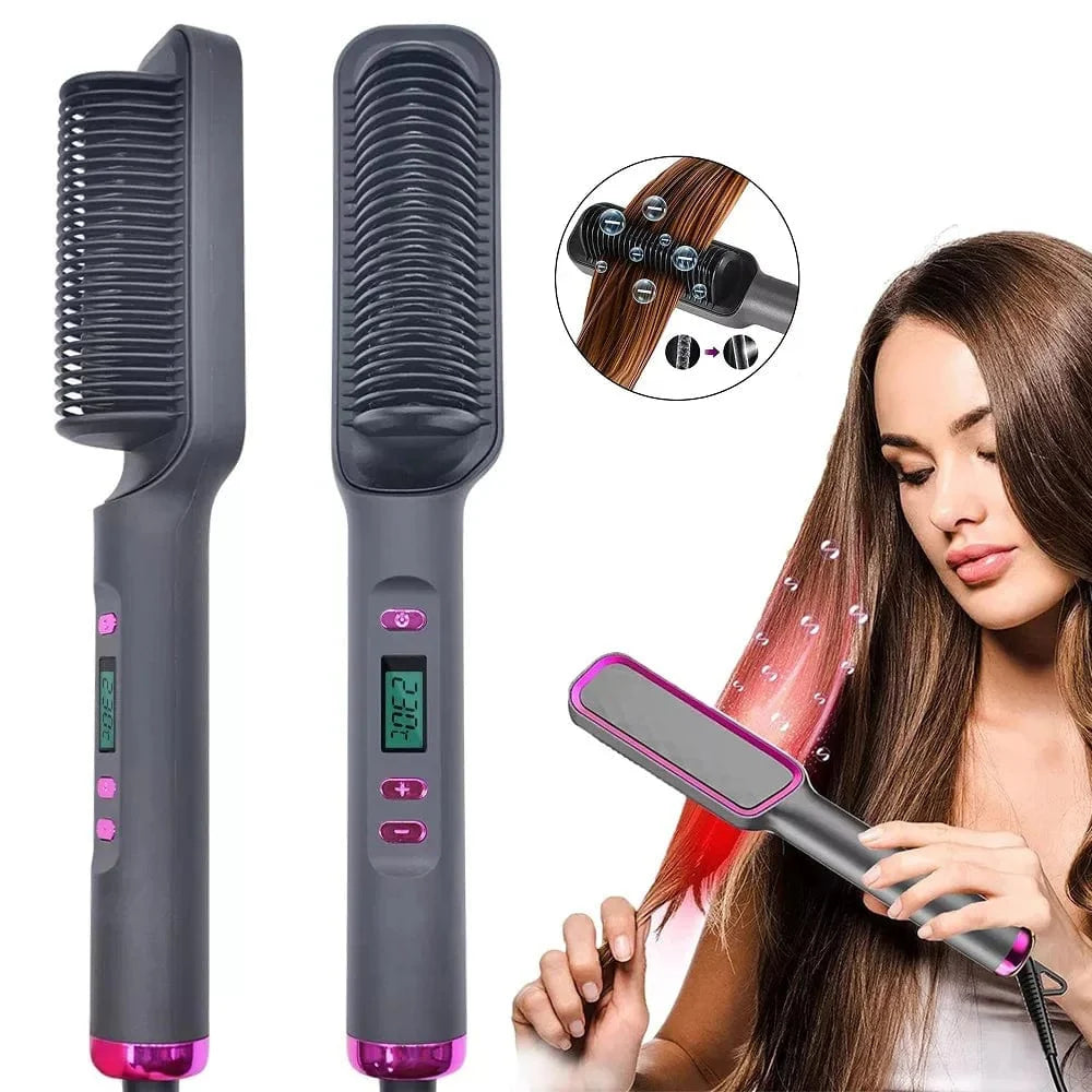 Showlu Electric Hair Straightener Comb with negative ions, anti-scald design, black styling tool for smooth, straight hair.