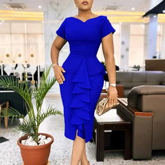 Elegant African Dresses for Women 2024 Summer African Short Sleeve V - neck Polyester Bodycon Dress Gowns Outfits Africa Clothing - SHOWLU FASHION STORE