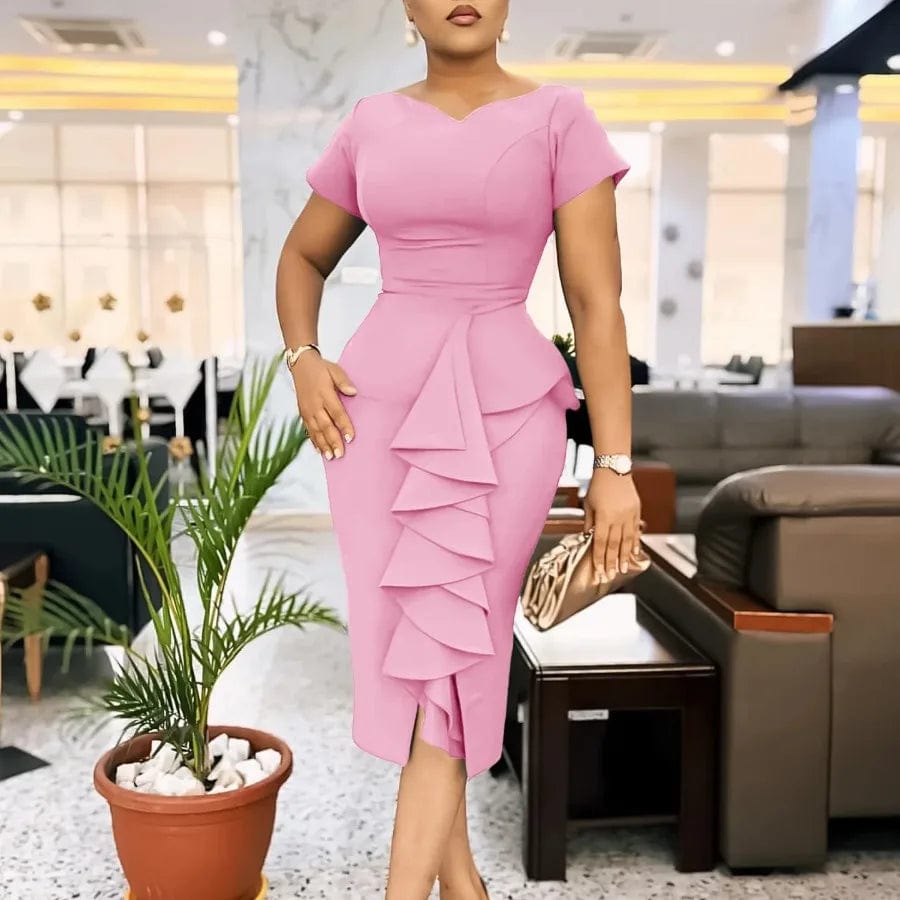 Elegant African Dresses for Women 2024 Summer African Short Sleeve V - neck Polyester Bodycon Dress Gowns Outfits Africa Clothing - SHOWLU FASHION STORE