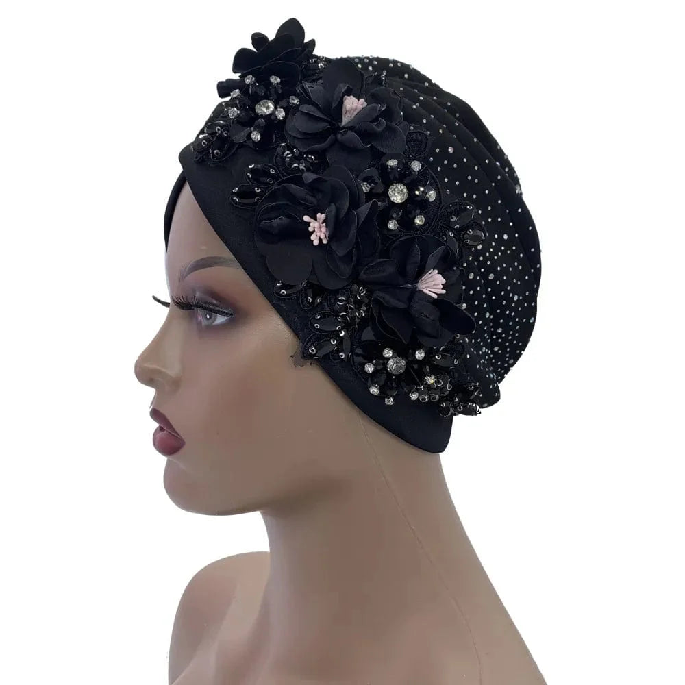 Elegant African auto gele turban cap with shiny rhinestones, ready-to-wear headtie, women's head wrap for parties and special occasions.