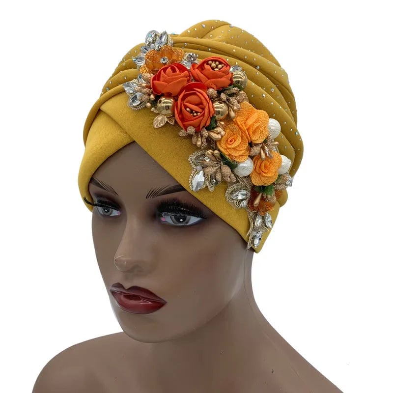 Elegant African auto gele turban cap with rhinestones, stylish headtie bonnet for women, perfect for parties and special occasions.