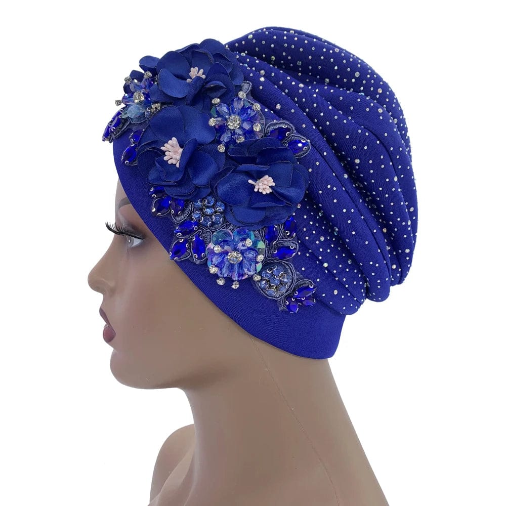 Elegant African auto gele turban cap with rhinestones, featuring a stylish headtie bonnet for women’s parties and special occasions.