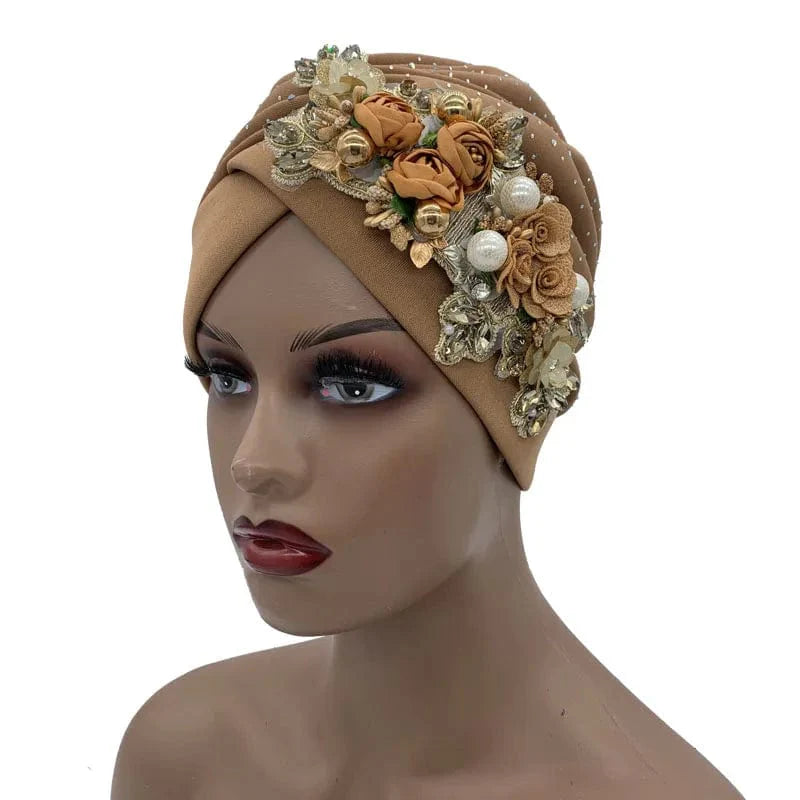 Elegant African auto gele turban cap with rhinestones, stylish Nigerian headtie for women, ready-to-wear party headwrap bonnets.
