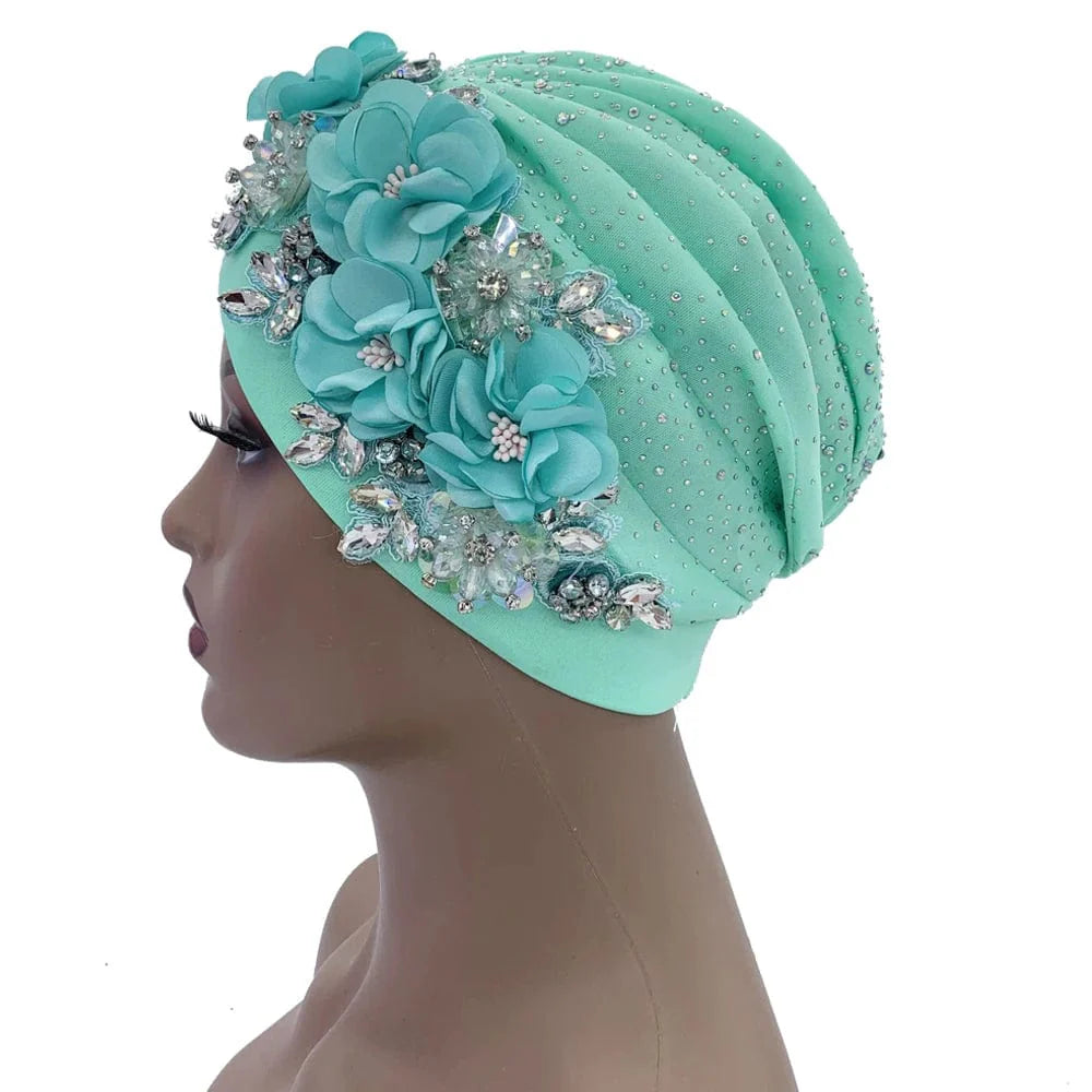 Elegant African auto gele turban cap with shiny rhinestones, ready-to-wear Nigeria headtie and women's head wrap for special occasions.