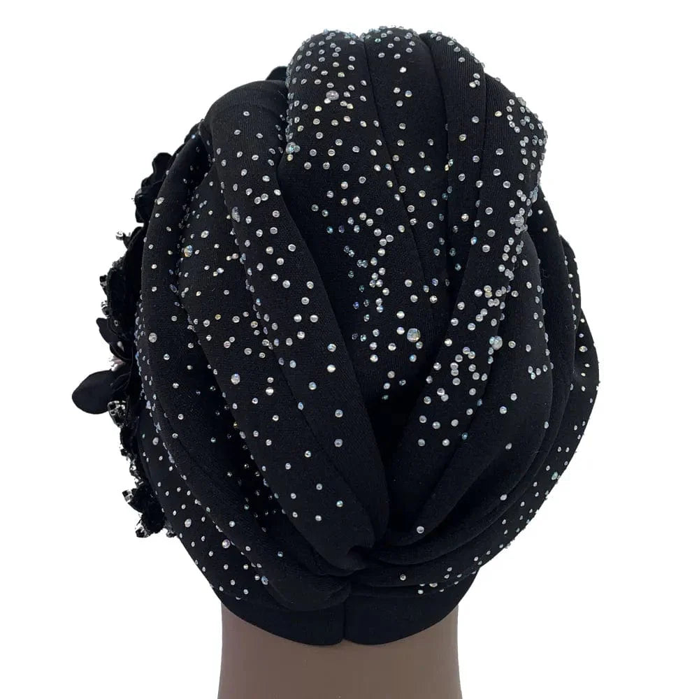Elegant African auto gele turban cap with shiny rhinestones, Nigerian headtie for parties and special occasions.
