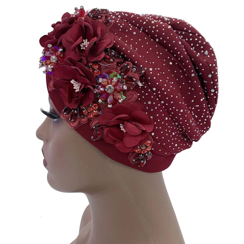 Elegant African auto gele turban cap with rhinestones, perfect for Nigerian parties and special occasions, showcasing a stylish headtie.