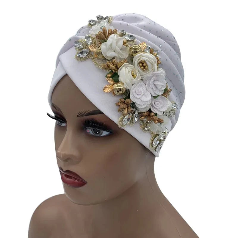 Elegant African auto gele turban cap with rhinestones, featuring a stylish Nigerian headtie for women’s party and special occasions.