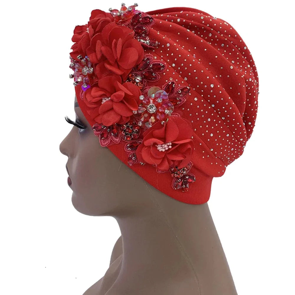 Elegant African auto gele turban cap with shiny rhinestones, ready-to-wear Nigeria headtie for women’s party head wrap and bonnet.