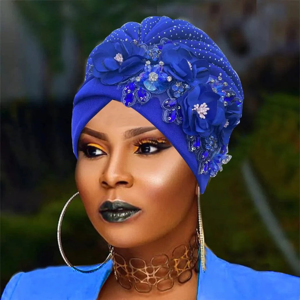 Elegant African auto gele turban cap with shiny rhinestones, ready-to-wear Nigerian headtie for women’s party head wrap and bonnet style