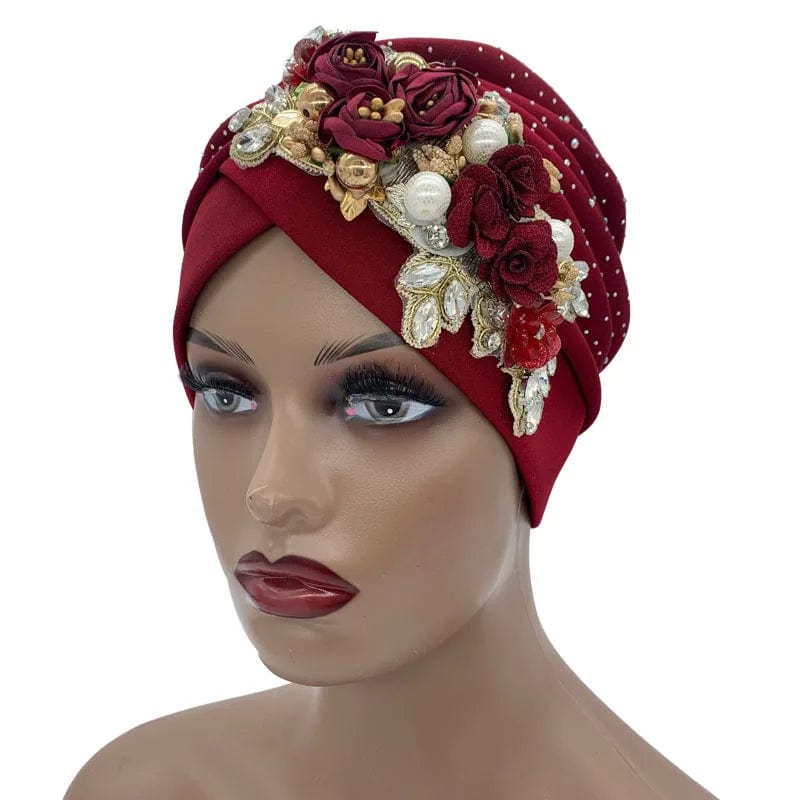Elegant African auto gele turban cap with rhinestones, stylish headtie bonnet perfect for Nigerian parties and special occasions.