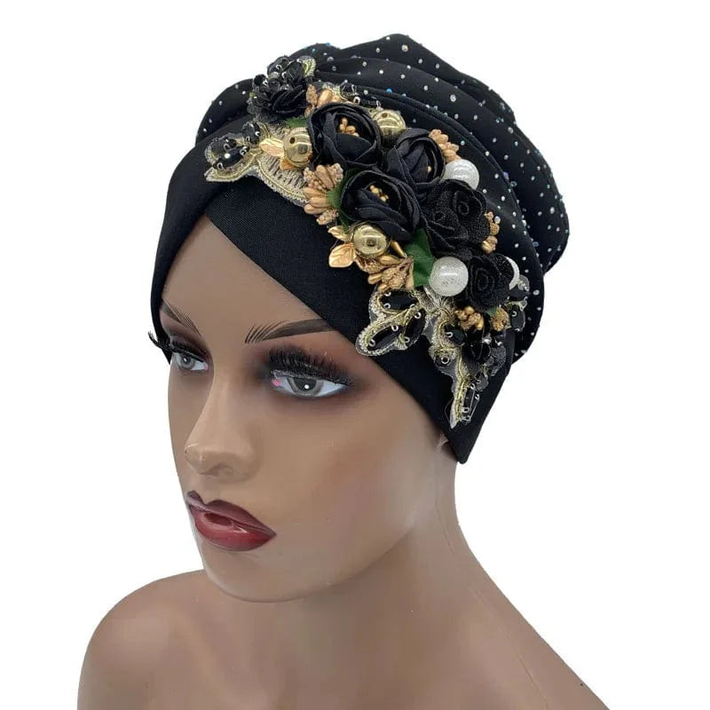 Elegant African auto gele turban cap with rhinestones, ready-to-wear Nigeria headtie, women's party headwrap and bonnet by Showlu Fashion