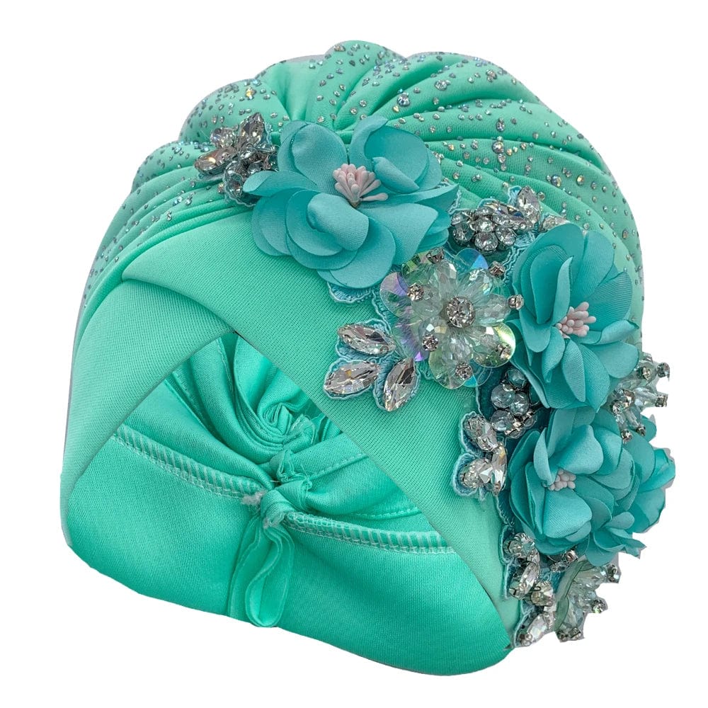 Elegant African auto gele turban cap with rhinestones, showcasing shiny headtie bonnet for women, ready for parties and special events.