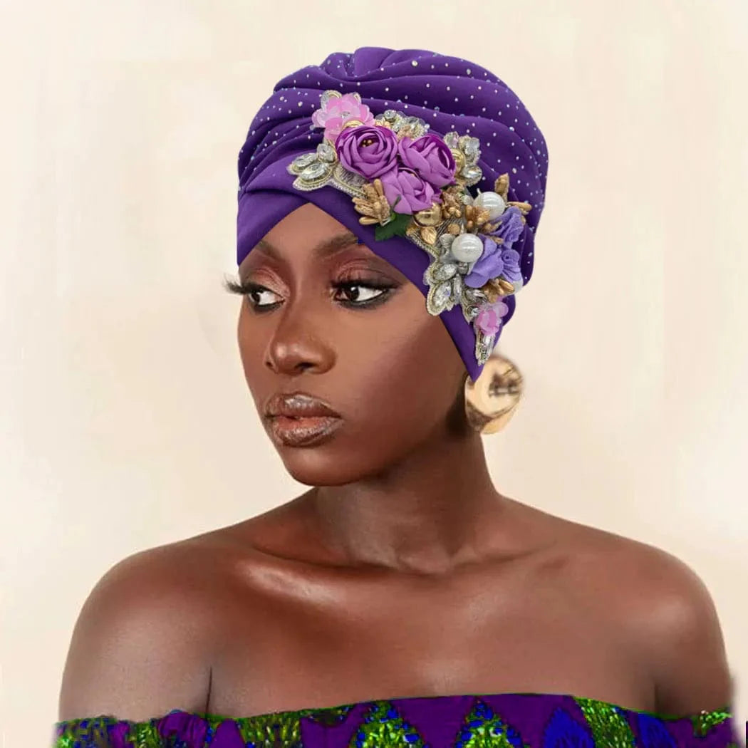 Elegant African auto gele turban cap with rhinestones, stylish headtie bonnet for women, perfect for parties and special occasions.