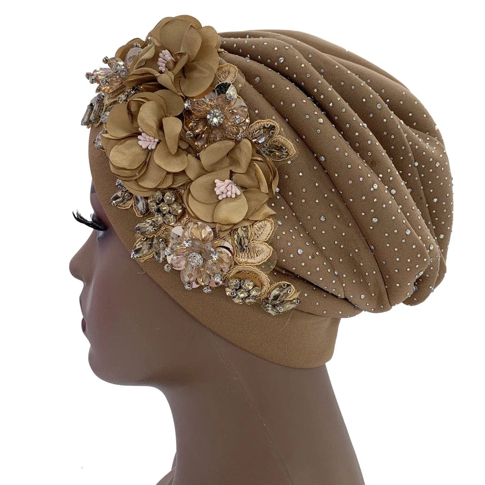 Elegant African auto gele turban cap with rhinestones, ready-to-wear Nigeria headtie for women’s party head wrap and bonnet styling.