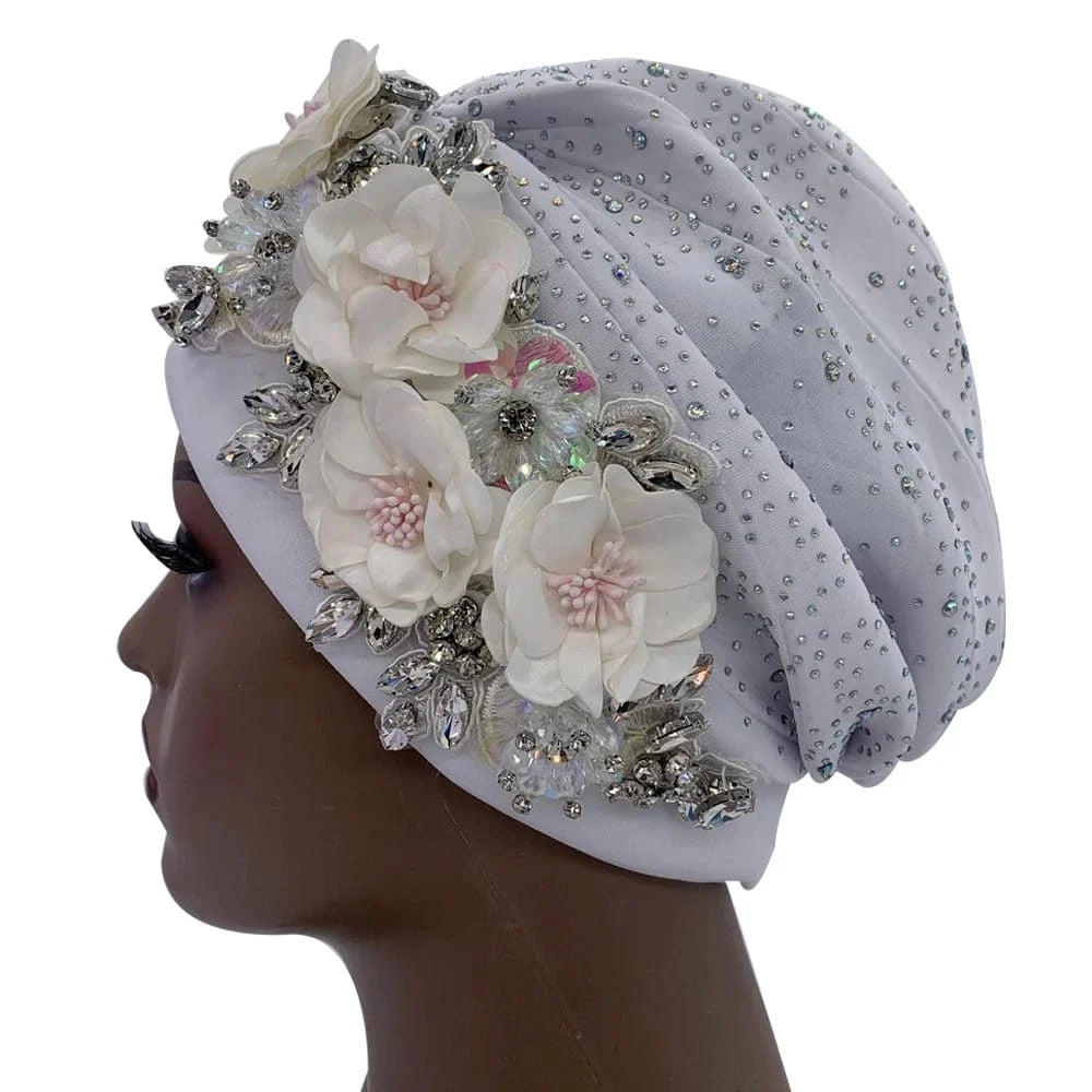 Elegant African auto gele turban cap with shiny rhinestones, ready-to-wear Nigeria headtie for women’s parties and special occasions.