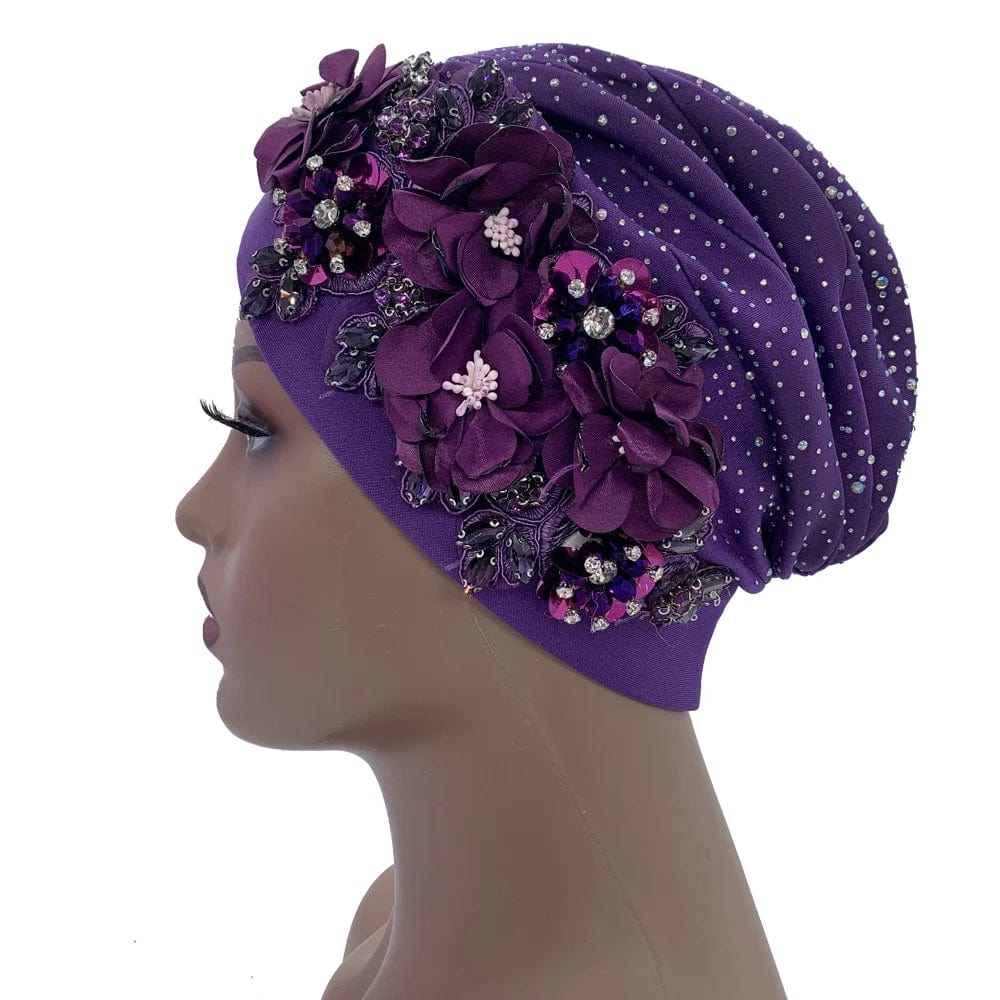 Elegant African auto gele turban cap with rhinestones, ready-to-wear Nigeria headtie and women's head wrap for parties.