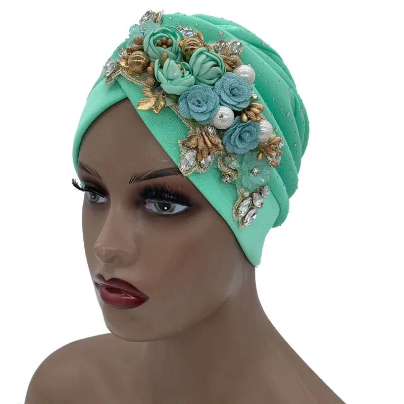 Elegant African auto gele turban cap with rhinestones, stylish Nigerian headtie for women, perfect for parties and special occasions.