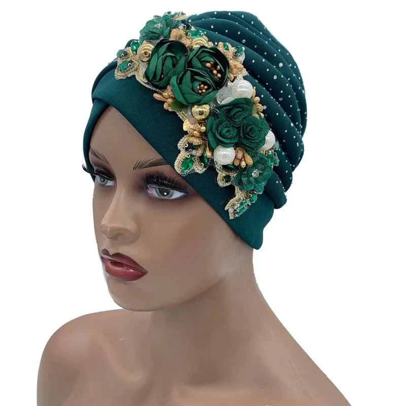 Elegant African auto gele turban cap with rhinestones, showcasing shiny headtie and women’s head wrap for stylish Nigerian parties.