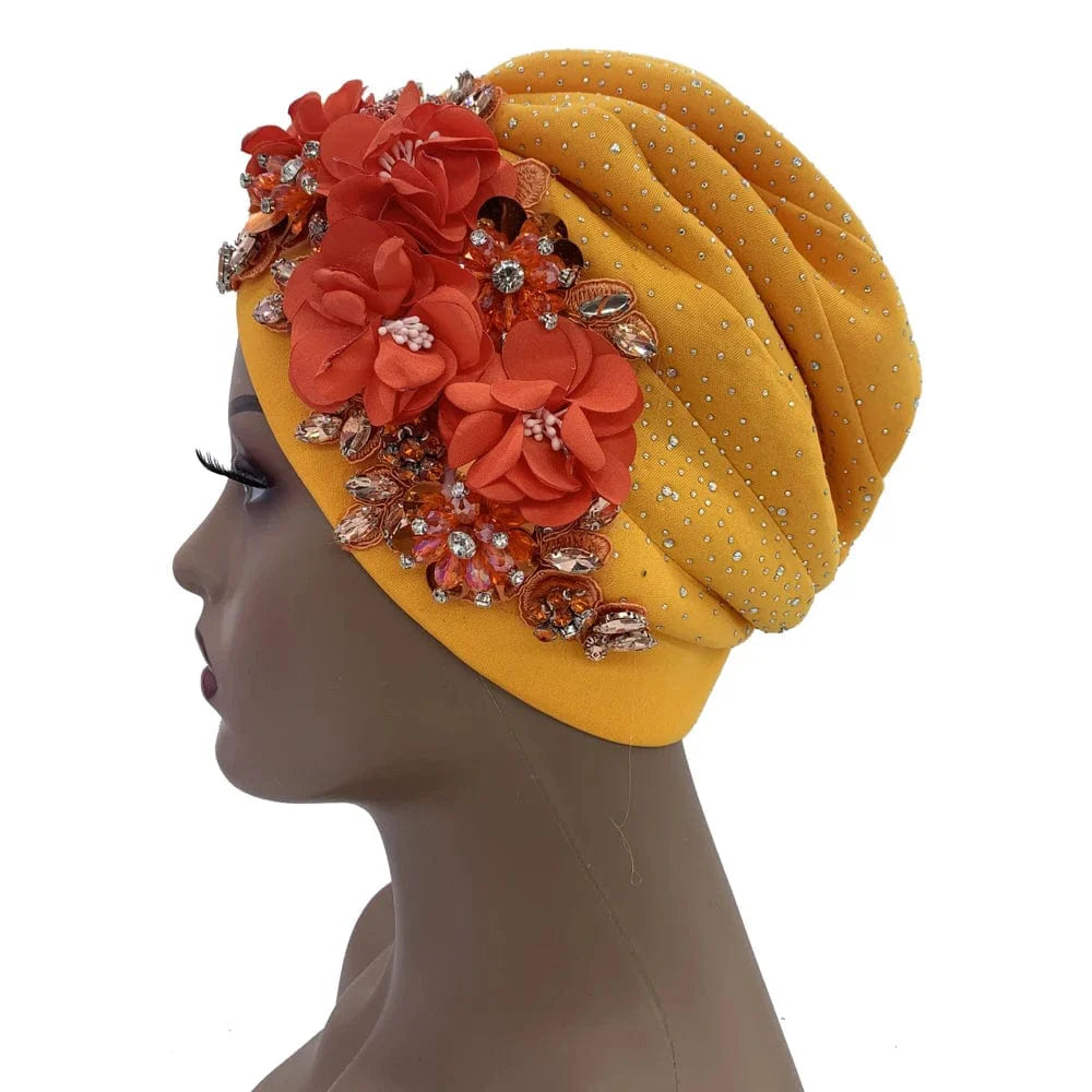 Elegant African auto gele turban cap with shiny rhinestones, ready-to-wear Nigeria headtie for women’s party head wrap and bonnet style.