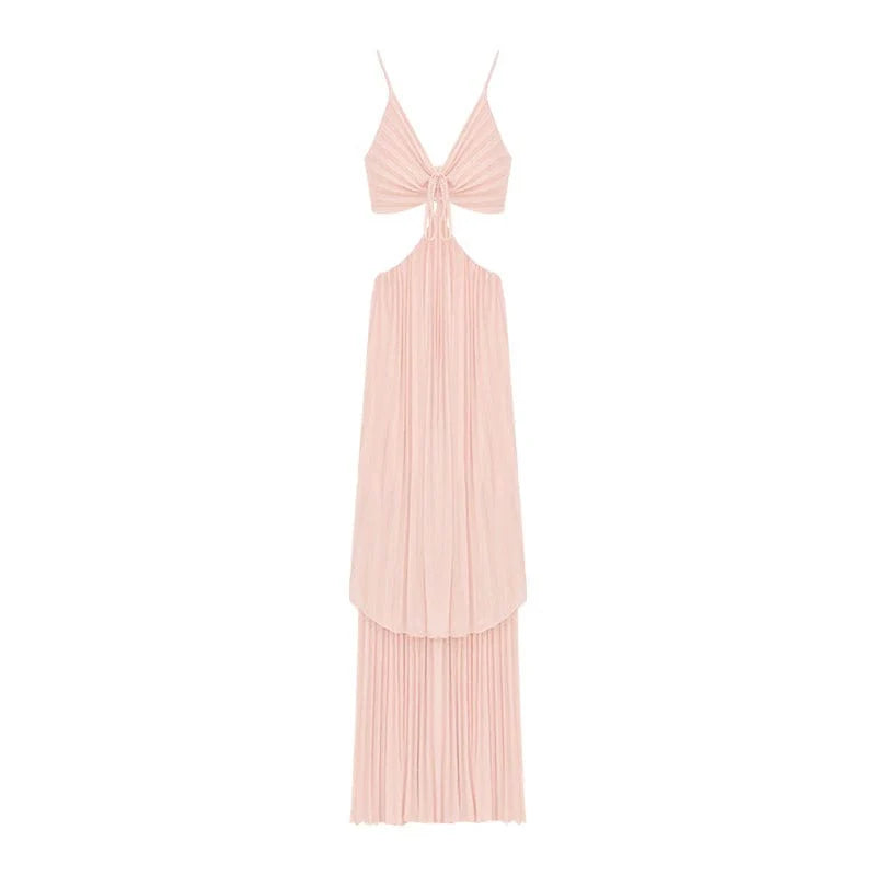 Elegant backless French holiday dress by Showlu Fashion, silk blend, mid-length design perfect for stylish summer occasions.