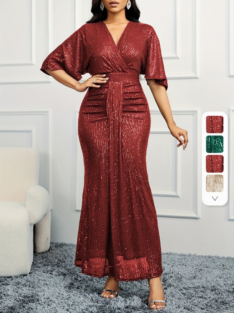 Beige SHOWLU FASHION women's sequin V-neck ruched bodycon dress with ruffle sleeves, perfect for evening and banquet occasions.