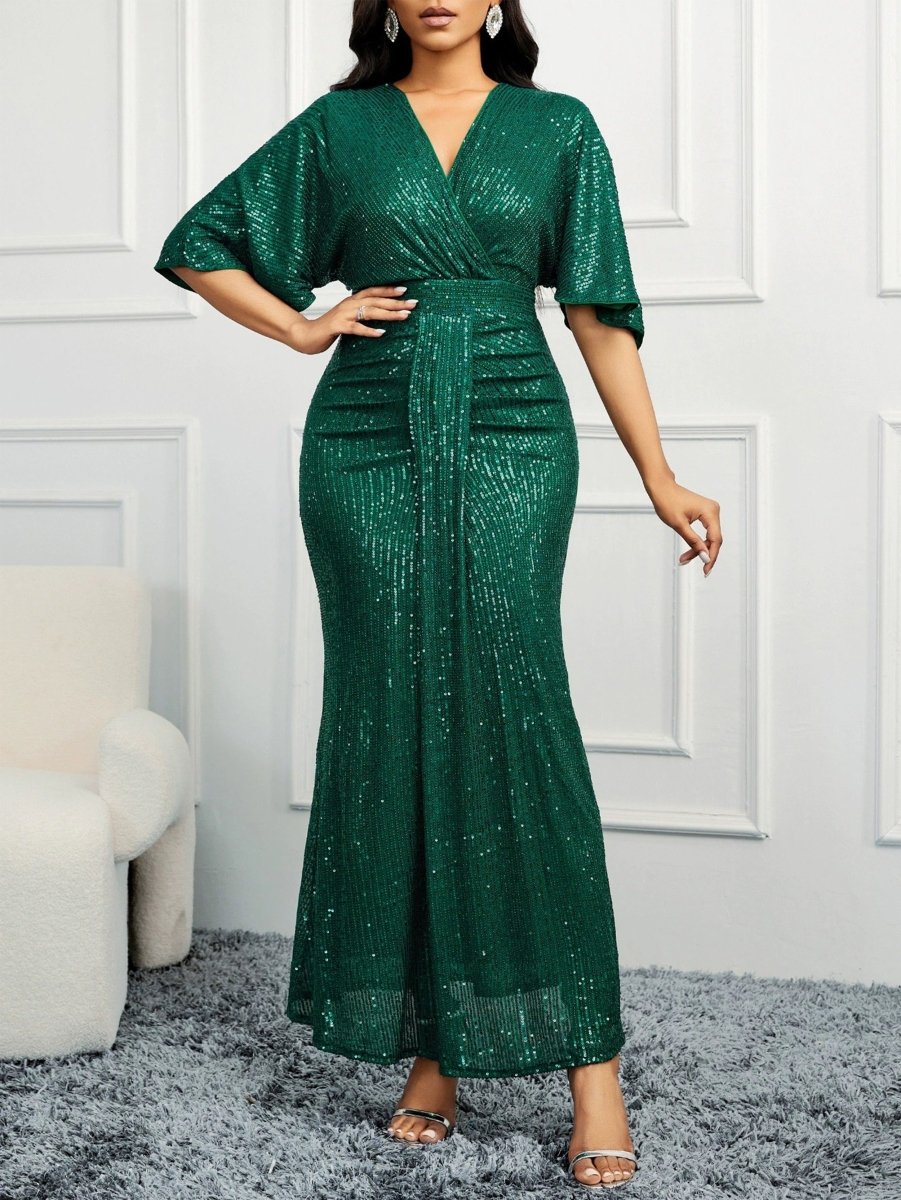 Elegant beige sequin V-neck ruched bodycon dress with ruffle sleeves, perfect for evening events, by SHOWLU FASHION.