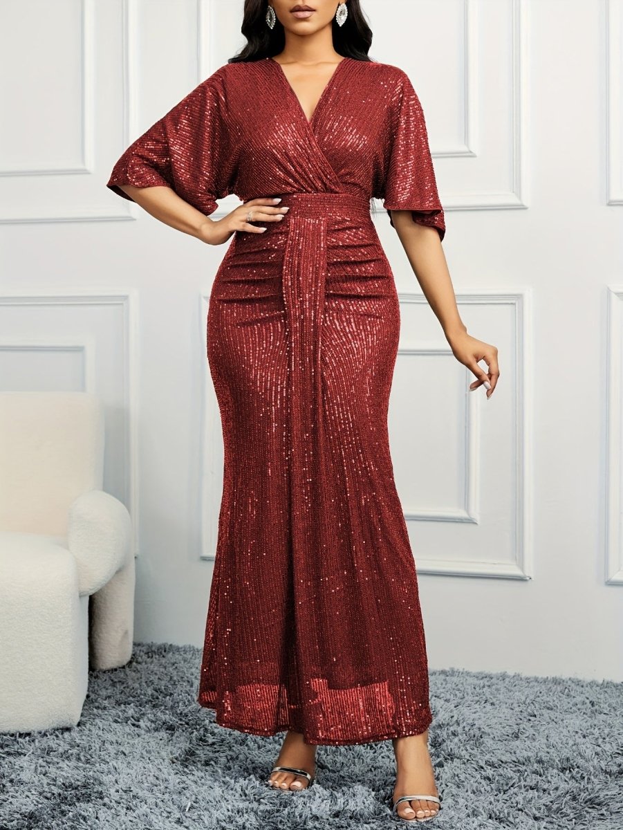 Beige sequin V-neck ruched bodycon dress for women with ruffle sleeves, elegant and fitted, perfect for evening events.