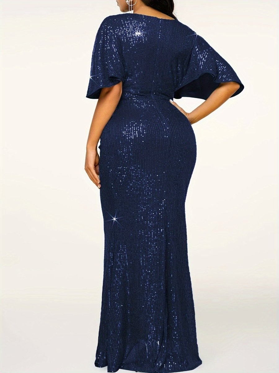 Elegant beige sequin V-neck ruched bodycon dress for women with ruffle sleeves, perfect for evening and banquet occasions.