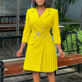 Elegant SHOWLU Fashion Store double-breasted blazer dress with pleated skirt, notched collar, and full sleeves for women’s autumn wear.