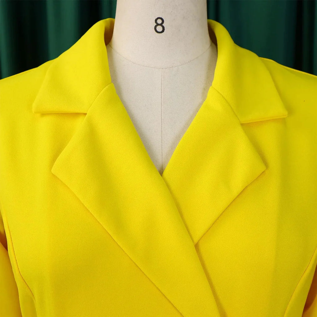 Elegant SHOWLU FASHION STORE double-breasted blazer dress with pleated skirt, notched collar, and full sleeves for women.